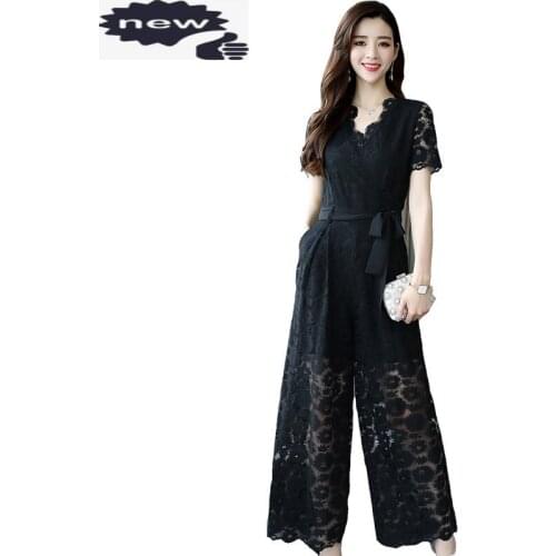 New Arrival Summer Fashion Hollow Out Floral Lace Wide Leg Jumpsuits Elegant Slim Fit Sleeveless Women Rompers