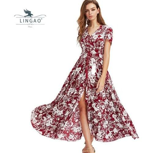 Boho Lady Print Pattern Casual Sexy Party Slit Dresses Women V-Neck Loose Long Summer Bodycon Retro Holiday Style Dress 2021 New