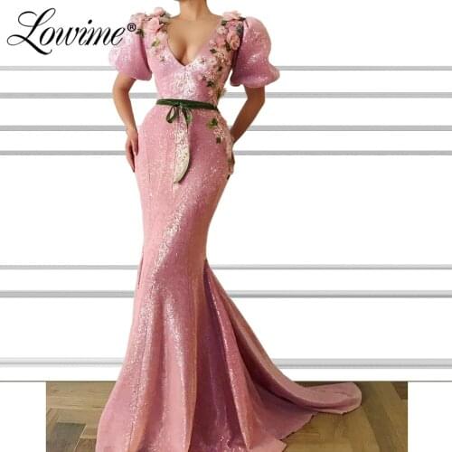 Mermaid Pink Sequins Evening Dress Women 2020 New Robe De Soiree Turkish Islamic Party Gown African Handmade Flower Prom Dress