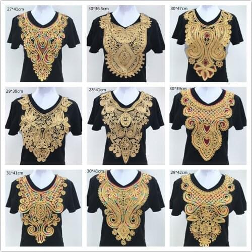1pc Gold Embroidery Ethnic Style Collar Venise Sequin Floral Embroidered Applique Lace Neckline Collar Garment Accessories