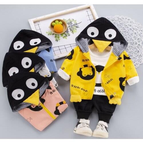 2021 Spring Kids Boys Girls Sets Fashion Clothes Penguin Cartoon Hooded Collar Coat + T-shirt + Pants 3Pieces Sets Kids Suits