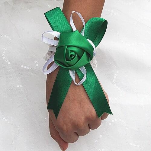 6piece/lot whoesale In Stock Green Wedding Bridal Bridesmaid Wrist Flower High Quality Green Ribbon Flower Wedding Corsage SW077