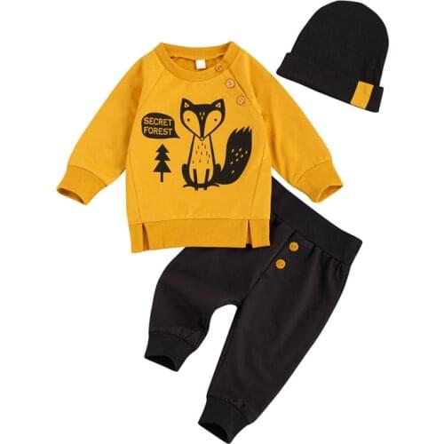 Children Long Sleeves Long Pants Suit, Newborn Boys Animal Printed Clothes Set, Autumn Round Collar Outfits with Hat 0-24Months