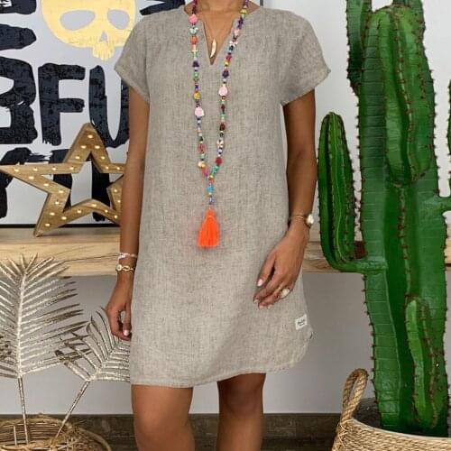Womens Cotton Linen Dress Loose Leisure V-collar Short Sleeve Summer Dresses Casual Beach Vintage Dresses Ropa Mujer Платье