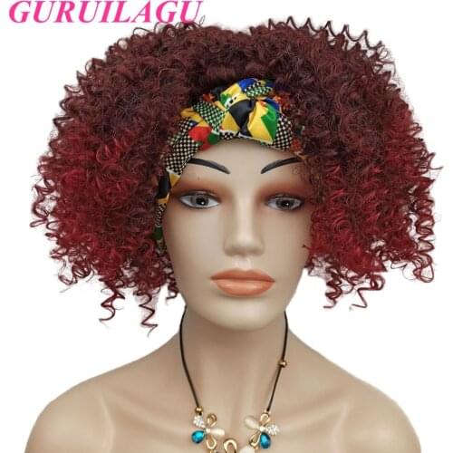 GURUILAGU Afro Kinky Curly Wig Women Color 99J Headband Wig Heat Resistant Fiber Wigs for Black Women Short Synthetic Wig Hair
