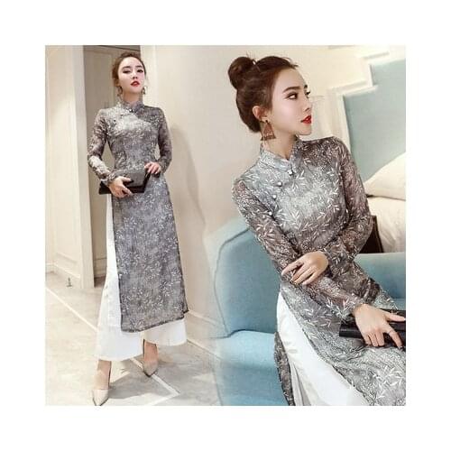 2021 vietnam aodai cheongsam set for women traditional chinese chiffon robe ladies elegant floral qipao elegant party dress