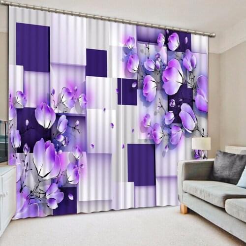 Fashion Customized Home Bedroom Decoration 3D Curtain Purple Flower Plaid Curtains For Blackout Curtains Living Room 3D Curtain