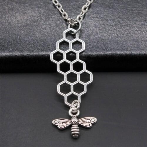 Fashion Antique Silver Color 45x15mm Honeycomb Bee Charms Pendant Necklace For Women Lady Girl Jewelry Gift