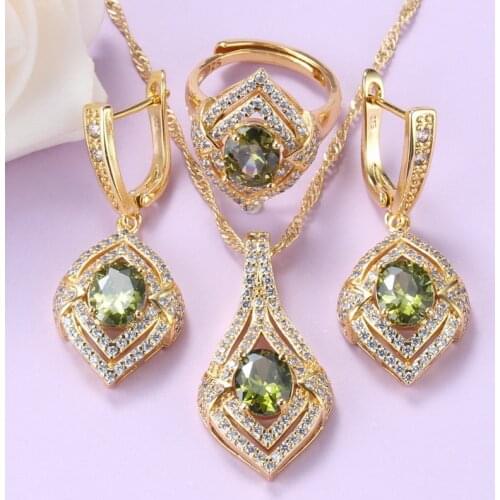 Morrocan Jewelry Sets Gold Plated Women Costume Olive Green Cubic Zirconia Earrings And Ring Necklace Sets Gift Box