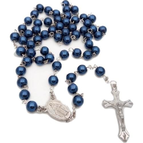 QIGO Blue Glass Pearl Rosary Necklace For Men Women Long Religious Cross Jewelry