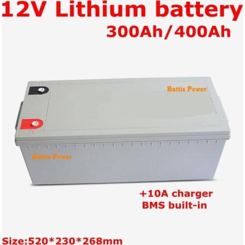 Rechargeable anti-water 12V 300Ah 400Ah lithium ion battery 12v BMS with bluetooth for electric boat RV solar system+20A Charger