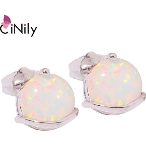 CiNily Created White Fire Opal Silver Plated Earrings Wholesale Hot Sell Fashion for Women Jewelry Gift Stud Earrings 8mm OH2700