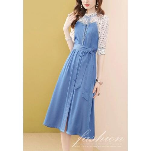 Chiffon denim dress women spring summer bow polka dot shirt dress ladies elegant French lace tunic bandage dress robe