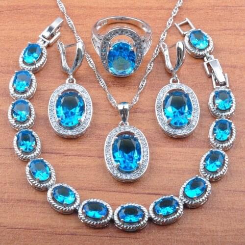 Amazing Sky Blue Crysta lSilver Color Bridal Jewelry Sets Party Costume Earrings Necklace Pendant Ring Bracelets JS094
