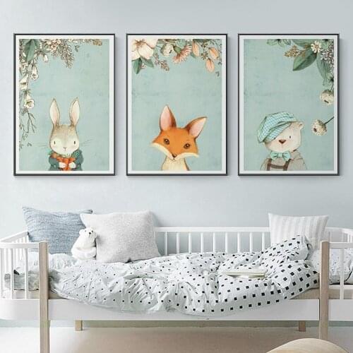Vintage Flower Woodland Animal Poster Fox Bear Bunny Nursery Wall Art Print Canvas Painting Nordic Pictures for Kids Room Decor