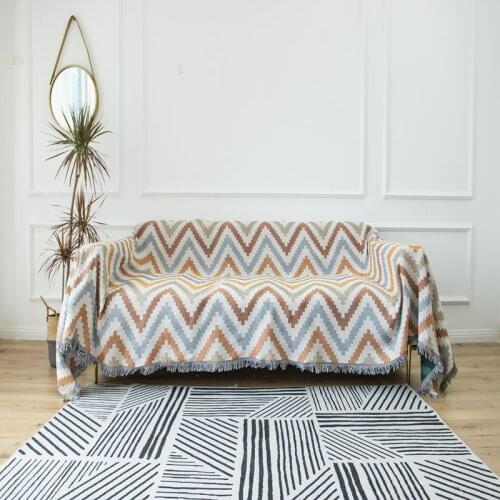 Jian Ju Wavy Blue Heart Sea Pattern Sofa Blanket Living Room Tea Table Sofa Blanket Geometric Splicing Pattern Soft Decoration
