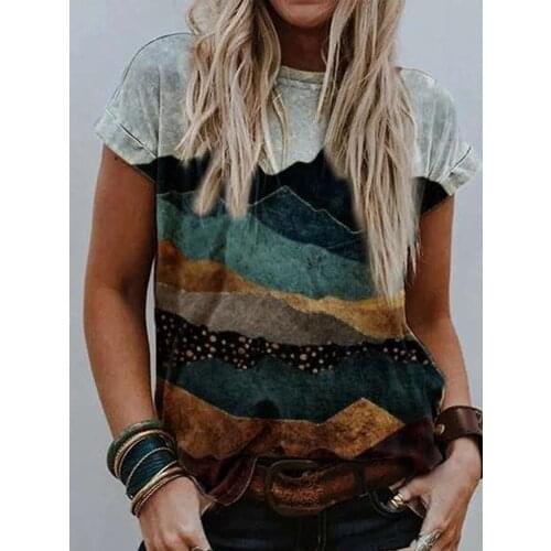 Women Clothing Round Neck Tshirt Fashion Scenery Print Tops Short Sleeve V-neck Casual Blouse Plus Size