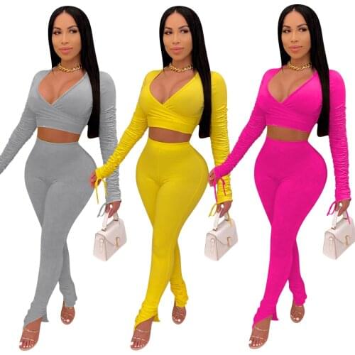 Women Fitness 2 Piece Sets Long Sleeve V Neck Ruched Crop Tops+split Hem Stacked Sweatpant Plus Size Solid Color Tracksuit