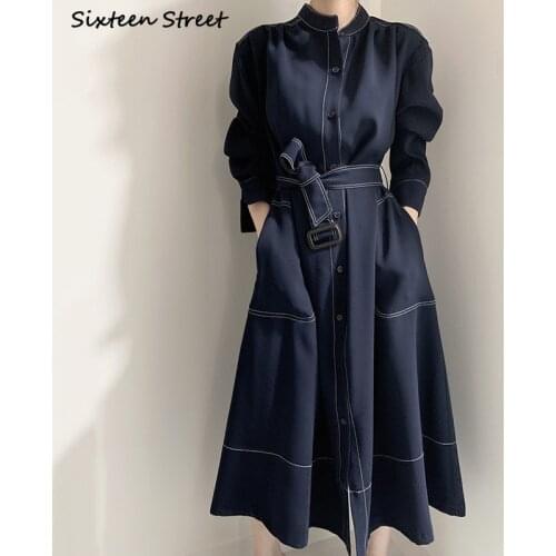 Chic Spaghetti Dress Woman with Belt Stand Neck Loose Maxi Vestido Lady Korean Elegant Dark Blue Spring Dress Woman Clothing New