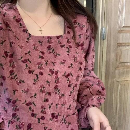 Bella Philosophy Womder Corduroy Floral Midi Dress Puff Long Sleeve Pleated Robe Vintage Spring Autumn Korean Harajuku Vestidos