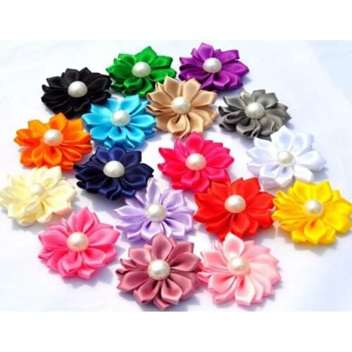 10pcs/lot 4cm 17colors Satin Ribbon Flower+Pearl Center Hair Clips For Kids Girls Hair Accessories Fabric Flowers For Headbands