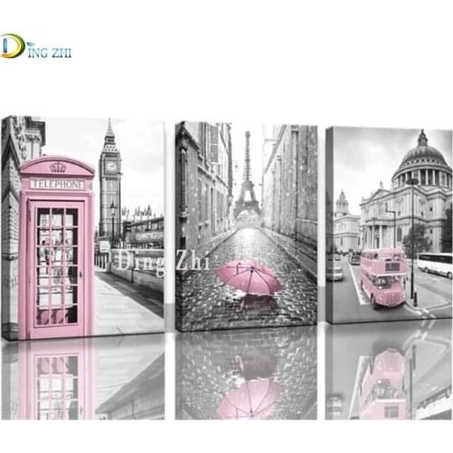 5D Diamond Painting 3 Pieces Pink Theme Bus And Umbrella City Landscape Diamond Embroidery London Scene Black And White Triptych