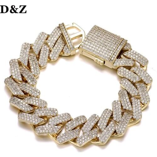 D&Z 19mm 3Rows Miami Cuban Link Bracelet Spring Buckle Bling Iced Out Cubic Zirconia Bracelet With Solid Back For Men Jewelry