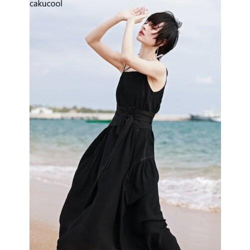 Cakucool contrast line suspender dress dark lazy temperament loose A-line dress retro temperament party elegant fashion