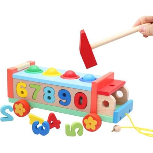 Wooden Knocking Blocks Pull Along Car Number Color Pairing Children Early Educational Cognition Kids Toy