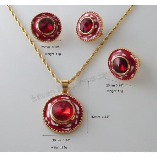 Foromance - YELLOW GOLD GP 24" WATER WAVE NECKLACE ROUND RECTANGLE PENDANT EARRING RING SET IN RED AND BLUE COLOR