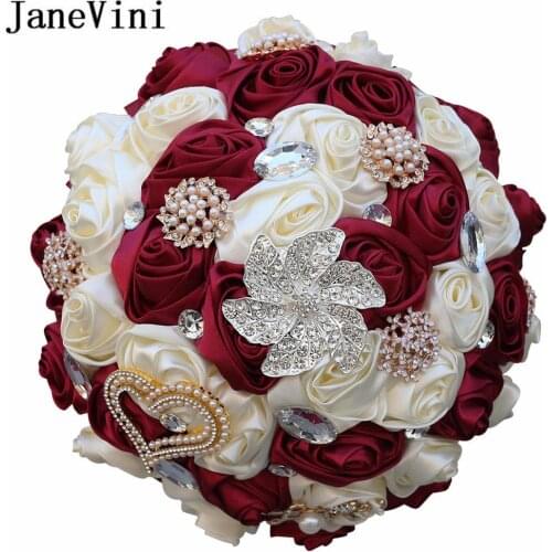 JaneVini fleur artificielle Burgundy Wedding Bouquet Bridal Crystal Rhinestone Satin Flowers Luxury Royal Blue Bride Bouquets
