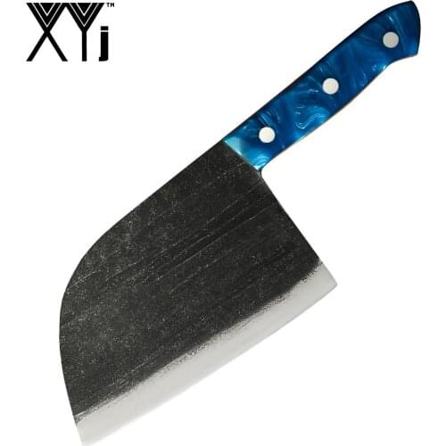 XYj 4cr13 Stainless Steel 7 Inch Forged Butcher Knife Cooking Slicing Slaughtering Choppping Tool Blue Resin Handle Leather Case