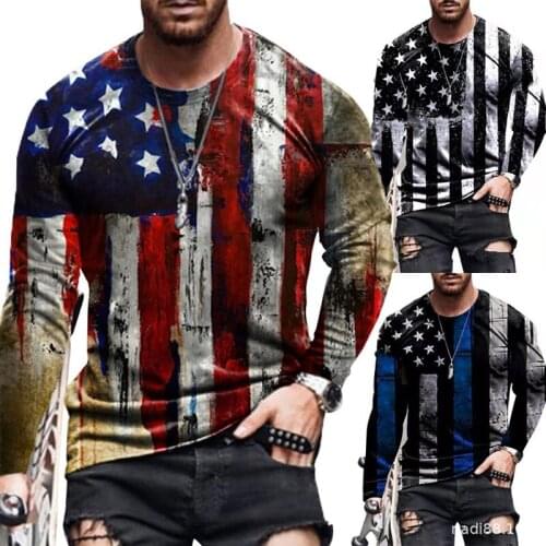 Mens casual quick-drying long-sleeved 3d printing Harajuku T-shirt 2021 European and American fashion flag blouse oversized