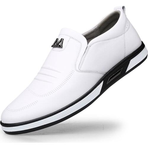 Spring autumn Men Flats 100% Genuine Cowhide Leather Men Loafers fashion white Flats slip-on Men Shoes Casual ligh Soft Shoes