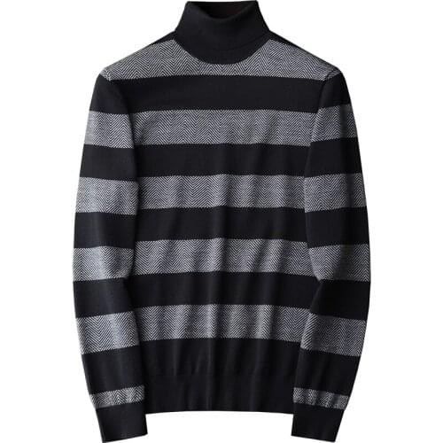 New 100% Wool Mens Sweaters High Quality Autumn Winter Turtleneck Stripe Sweater Male Fashion Slim Fit Man Sweaters 4XL
