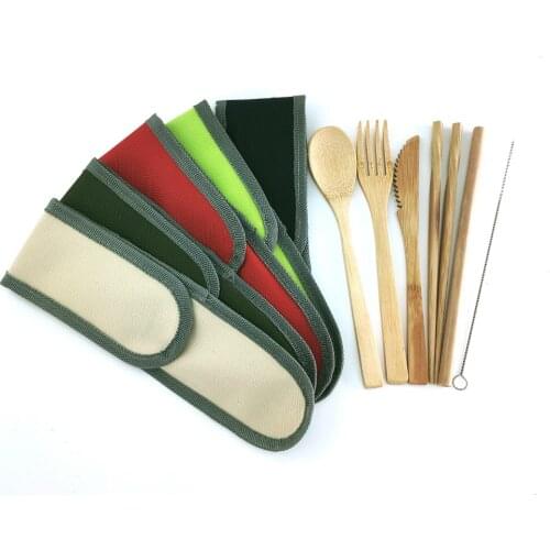 Bamboo Utensil Travel Cutlery Set Reusable Portable Flatware Knives Fork Spoon Chopsticks Straw Set Eco-friendly With Cloth Bag