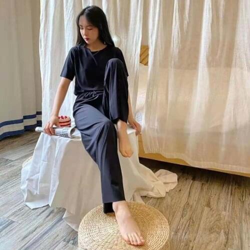 2021 New Womens Pajamas Set Soft Home Wear Summer Comfortable Loose Short Sleeve Trousers Sleepwear 2Pcs Suit Nightwear