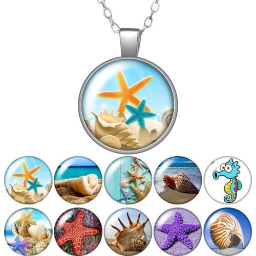 New Starfish beach conch Seahorse Photo Silver color/Bronze Pendant Necklace 25mm Glass Cabochon Girl Jewelry Birthday Gift 50cm
