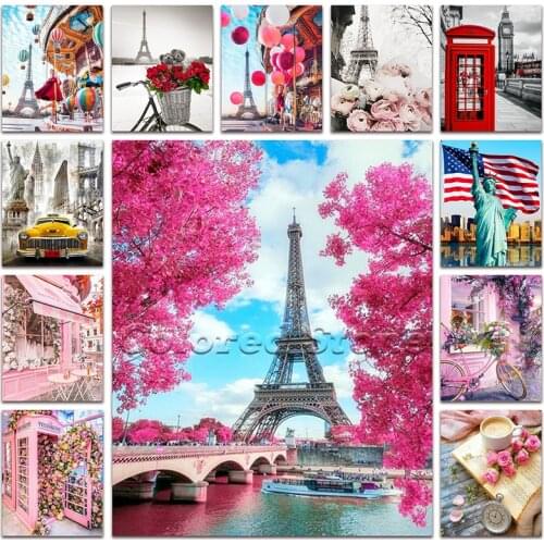 New Full Square Drill Diamond painting embroidery Cross stitch Eiffel tower Big Ben bell Liberty Rose flower Coffee cup Shop Car