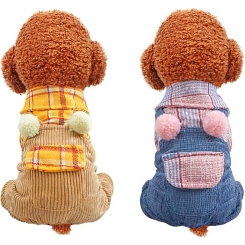 Autumn Winter Dog Costume Cat Clothing Plaid Print Dog Jumpsuit Cute Plush Ball Dog Coat Dog Clothes for Small Dogs Ropa Perros