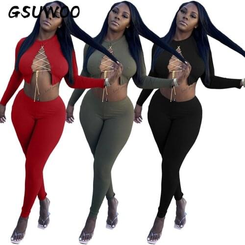 GSUWOO Sexy Women O-Neck Long Sleeve Two-piece Pants Suit Autumn Metal Chain Hole Crop Top Leggings Outfits Clothes S-XXL