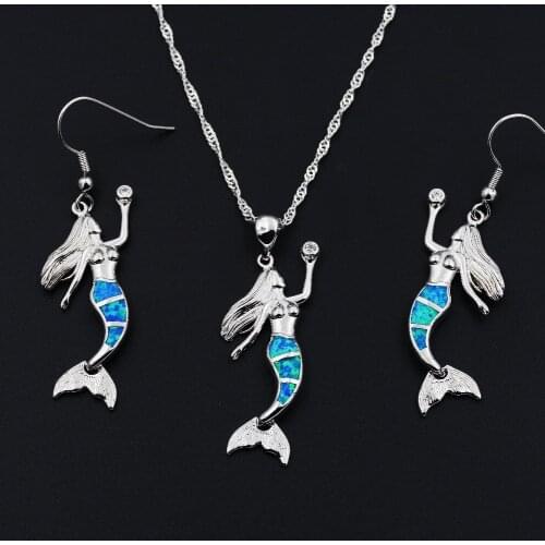 Lovely Mermaid Blue Fire Opal Jewelry sets Necklace + Earring