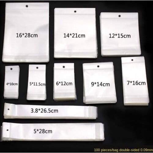 100pcs Transparent Plastic Thick Self Adhesive Bag Self Sealing Small Bags Storage Bag Small Packsging Bags with Hanging Hole