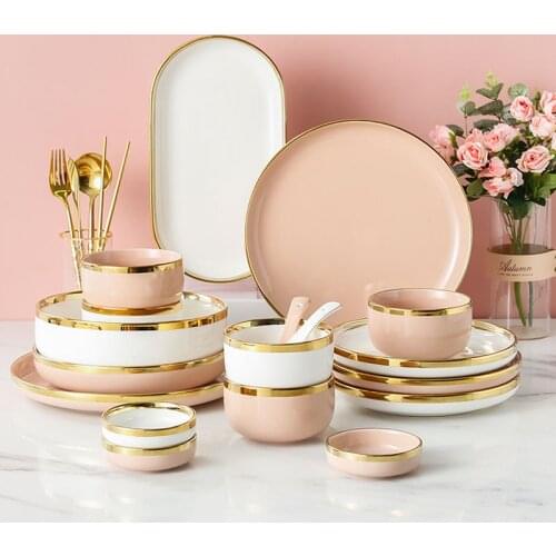 Luxury Gilt Rim Ceramic Plates Dinner Set for 1/2/4/6/8 Person Tableware Food Cake Plates Dinner Set Dishes Deep Pasta Plate