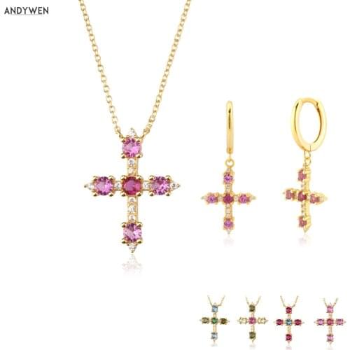 ANDYWEN 925 Sterling Silver Gold Colorful Summer Rainbow Cross Cross Pendiente Drop Earring Necklace Jewlery Set Gift For Women