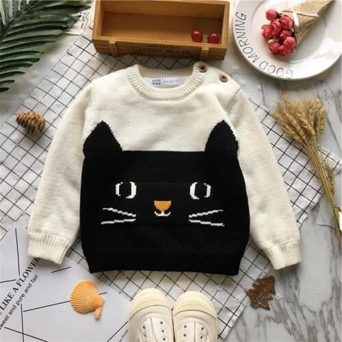 Tonytaobaby Winter New Style Boys and Girls White Little Black Cat Pure Cotton Sweater with Plush Thickening