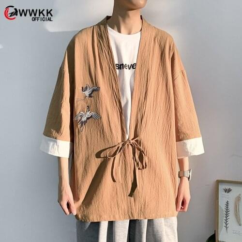 WWKK Mens Cotton Linen Kimono Loose Cardigan Traditional Vintage Chinese Stand Collar Coat Male Jackets Casual Outerwear