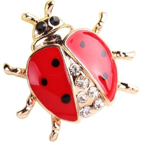 Red Enamel Vivid Ladybug Brooches For Women Kids Gold Color Crystal Insect Brooch Pins Collar Clip Dress Coat Badge Lapel Pin Up