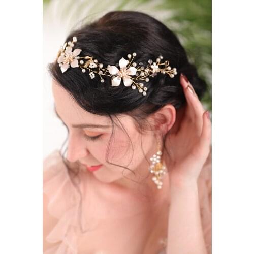 Gold Flower Crown and earrings Shiny Rhinestones Crystal Pearl women Hair Accessories Headwear Bridal Jewelry Sets