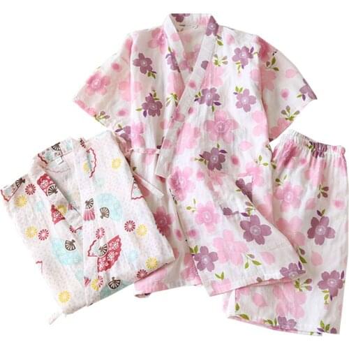 2021 Japanese Style Women Floral Printed Household V-Neck Pajamas Set Thin Cotton Ladies V-Neck Summer Loose Sleeve Short Robe